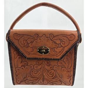 Vintage 1970s Boho Floral Tooled Leather Brown Whipstich Top Handled Purse Bag